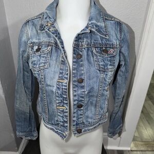 Hollister Distressed Denim Jacket Womens Small Cropped Light Wash Jean Trucker